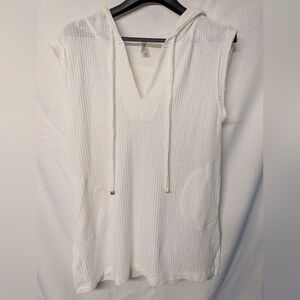 Mahina Sleeveless White Hooded Knit Tunic / Beach Cover Up Size Large